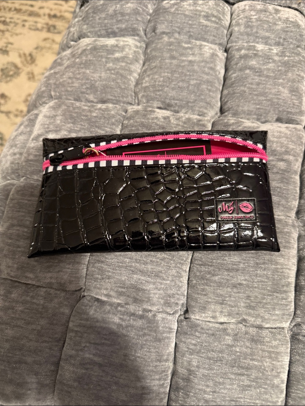 Makeup Junkie top zip miniCroc Patent Zip Pouch with Hot Pink Trim